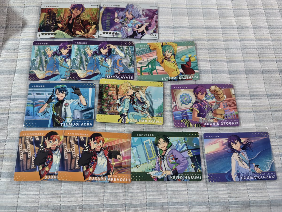 0128ran_goods's tweet photo. 【交換】
あんさんぶるスターズ  あんスタ カードダス

譲→R:守沢千秋、瀬名泉、真白友也、乙狩アドニス、カンナ
N:天祥院英智3、姫宮桃李、伏見弓弦、真白友也、仁兎なずな、天満光2、礼瀬マヨイ2、風早巽、青葉つむぎ、春川宙、乙狩アドニス、明星スバル2、蓮巳敬人、神崎颯馬

→ https://t.co/LoJkImuCeB