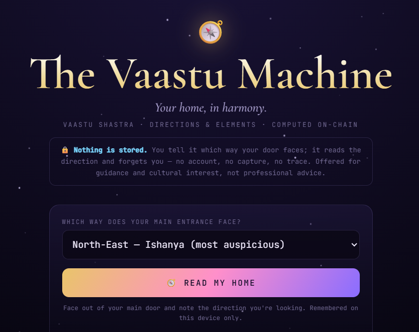 ledgerlifeio's tweet photo. 🏠 Curious what your home’s direction says?

The Vaastu Machine reads your main entrance direction and gives you a simple Vaastu reading based on directions and elements, computed on-chain.

The Vaastu Machine : https://t.co/eqxv7Sm6bZ

#DOM  #Vaastu #ICP #onchain https://t.co/rqlJwx338j