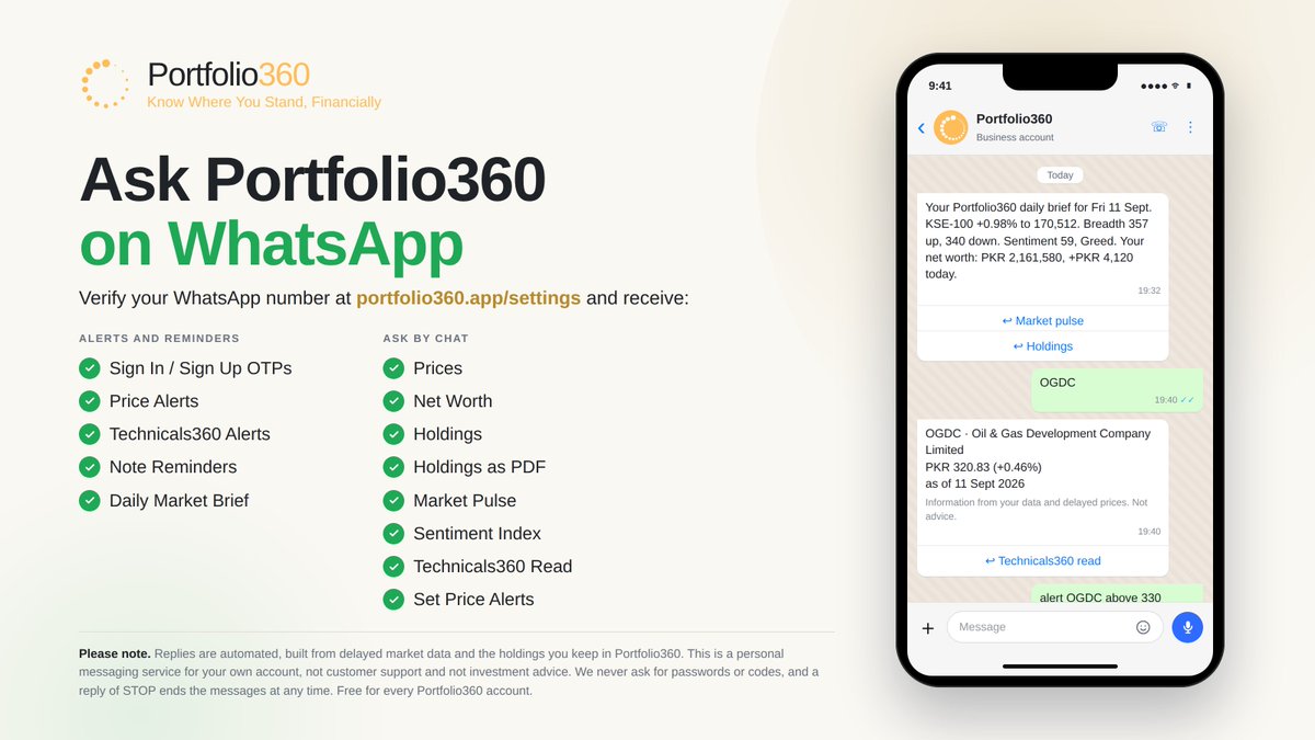 Portfolio360App's tweet photo. Your portfolio now answers on WhatsApp.

Ask it a ticker, your net worth, the market pulse, or set a price alert in one line. Alerts and the daily brief arrive in the same chat.

Free for every account. Verify your number now at https://t.co/7VzgVx1wy0 and start the conversation.