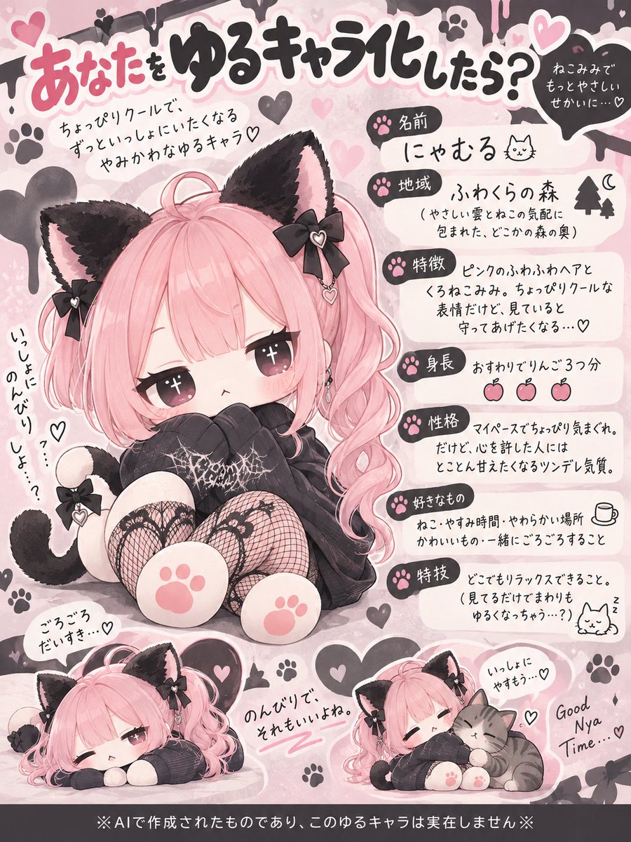 _Noah_AI_'s tweet photo. アオイちゃんの恋愛SLG風プロンプトから着想を得て、私も久しぶりにプロンプトを考えてみました✨️
遊んでくれる人がいたら嬉しいけど、どうだろう❓️🙄

よかったら『#AIゆるきゃら化』のタグを付けて投稿してもらえたり、引用してもらえれば作品見つけやすいです🤭
遊んで頂けたら、12～13日の土日中はゆるゆるリポさせていただきます🫠

🫠プロンプト🫠

添付した写真に写っている人物をもとに、その人物を完全オリジナルのご当地ゆるキャラにしてください。写真から髪型、髪色、服装、表情、雰囲気などの特徴を読み取り、それらを活かしながら、人間をそのまま小さくした姿ではなく、可愛らしく親しみやすいゆるキャラとして自由にデザインしてください。

画像は「あなたをゆるキャラ化したら」というプロフィール紹介風の一枚にしてください。ゆるキャラの姿を大きく掲載し、その周囲に以下のプロフィールを日本語で表示してください。

名前：

地域：

特徴：

身長：

性格：

好きなもの：

特技：

プロフィールの内容は、添付した写真から視覚的に確認できる情報だけをもとに、その人物から受ける印象や特徴を活かして自由に創作してください。名前や地域も自由に考え、地域は実在する地名ではなく完全オリジナルの架空の地域名にしてください。身長なども通常の数値に限定せず、そのキャラクターらしいユニークな表現でも構いません。毎回異なる個性的な結果になるよう自由に発想してください。

画像サイズは縦3:4。プロフィール全体が一枚の中に見やすく収まる構成にしてください。

画像の一番下には必ず

「※AIで作成されたものであり、このゆるキャラは実在しません※」

と省略せずに表示してください。