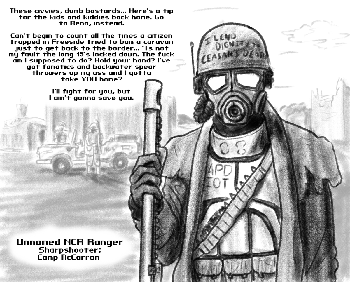 michaelisveryv's tweet photo. More members of the New California Republic Army give their perspectives on the Mojave conflict. No matter the outlook, every soldier being interviewed held some kind of grievance. https://t.co/kG4TE9gBef