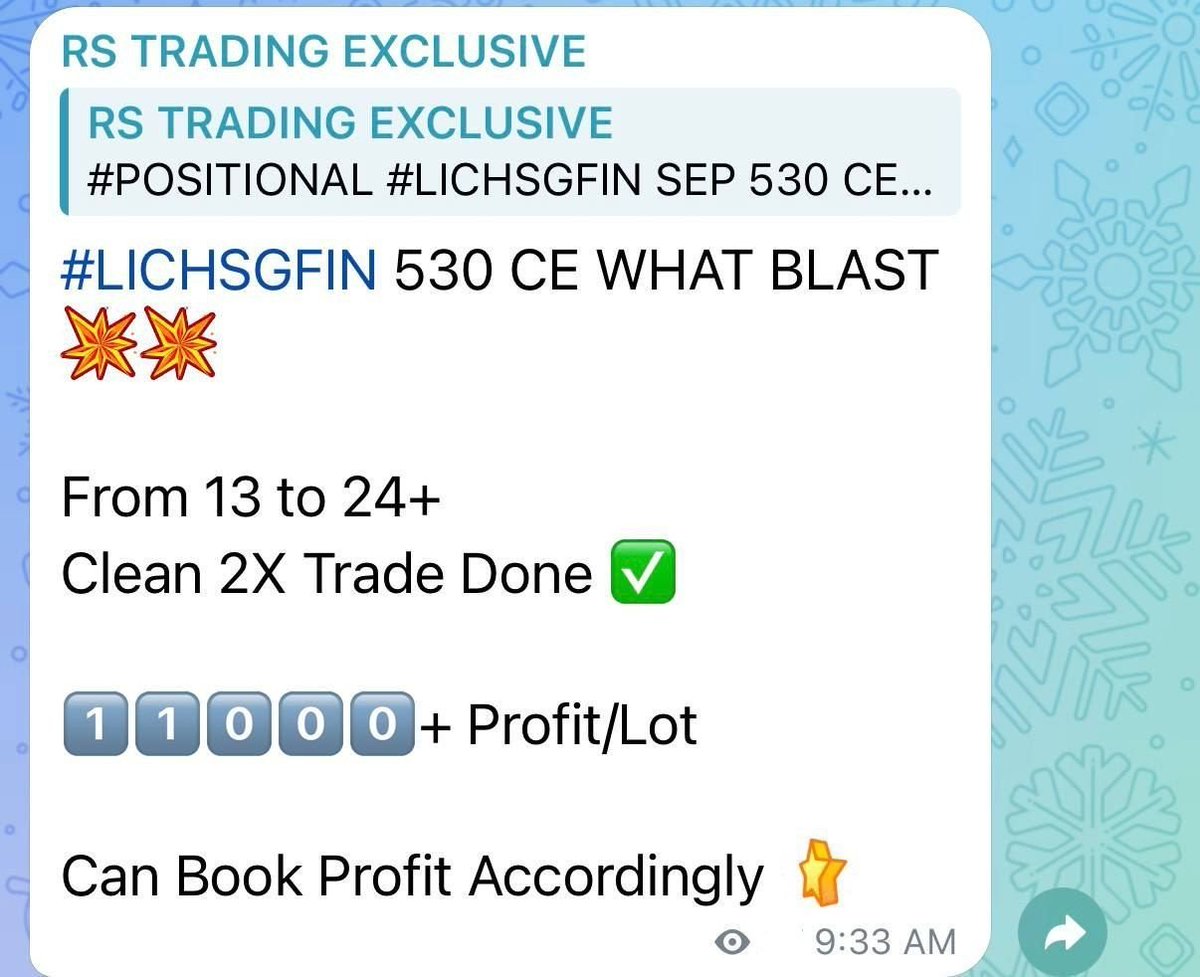 JesusAlbertoVa4's tweet photo. CAPTURED 3 JACKPOT TRADES WITH #MEMBERS ⚡️⚡️

#KOTAKBANK 415 CE 💥
From 8 to 17+
Clean 2X Trade 
1️⃣8️⃣0️⃣0️⃣0️⃣+ Profit/Lot 

#LICHSGFIN 530 CE 💥
From 13 to 24+
Clean 2X Trade 
1️⃣1️⃣0️⃣0️⃣0️⃣+ Profit/Lot 

#DIVISLAB 415 CE 💥
From 140 to 220+
8️⃣0️⃣0️⃣0️⃣+ Profit/Lot https://t.co/dKVbwC7l3d
