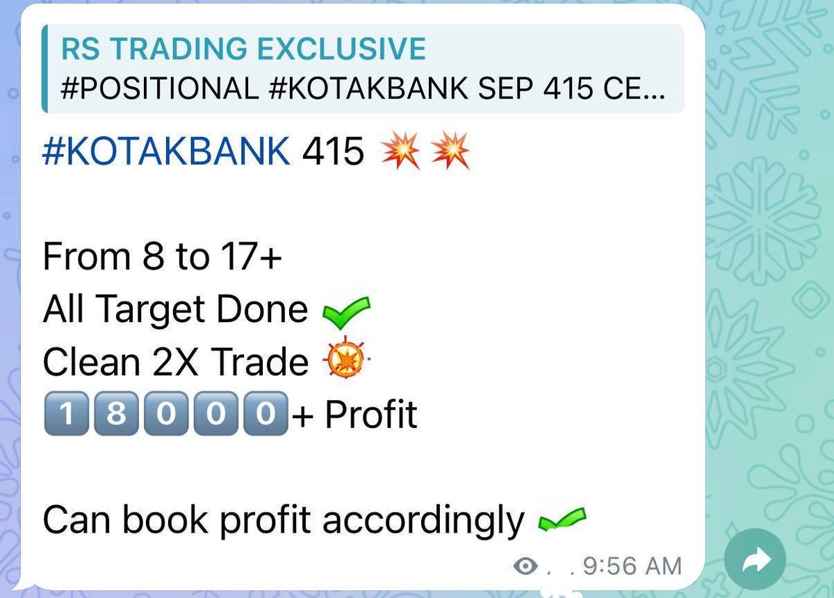 JesusAlbertoVa4's tweet photo. CAPTURED 3 JACKPOT TRADES WITH #MEMBERS ⚡️⚡️

#KOTAKBANK 415 CE 💥
From 8 to 17+
Clean 2X Trade 
1️⃣8️⃣0️⃣0️⃣0️⃣+ Profit/Lot 

#LICHSGFIN 530 CE 💥
From 13 to 24+
Clean 2X Trade 
1️⃣1️⃣0️⃣0️⃣0️⃣+ Profit/Lot 

#DIVISLAB 415 CE 💥
From 140 to 220+
8️⃣0️⃣0️⃣0️⃣+ Profit/Lot https://t.co/dKVbwC7l3d