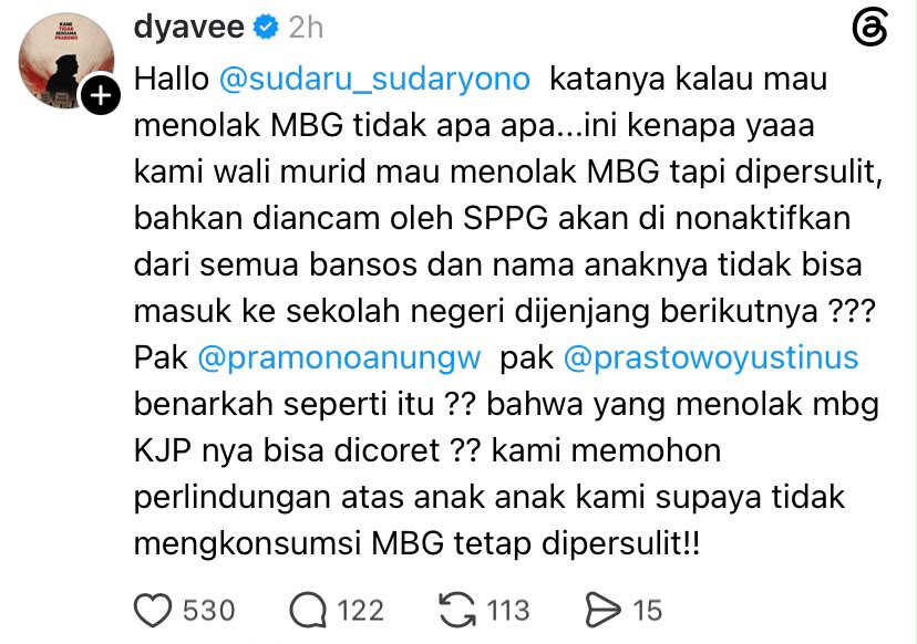 LambeSahamjja's tweet photo. anjirr ini gila sih soal mbg:
- katanya boleh nolak mbg
- tapi pas mereka nolak malah dipersulit
- dia ngaku diancam sppg bakal dicoret dari semua bansos
- katanya nama anaknya juga diancam nggak bisa masuk sekolah negeri di jenjang berikutnya https://t.co/YcbUg1R8zv