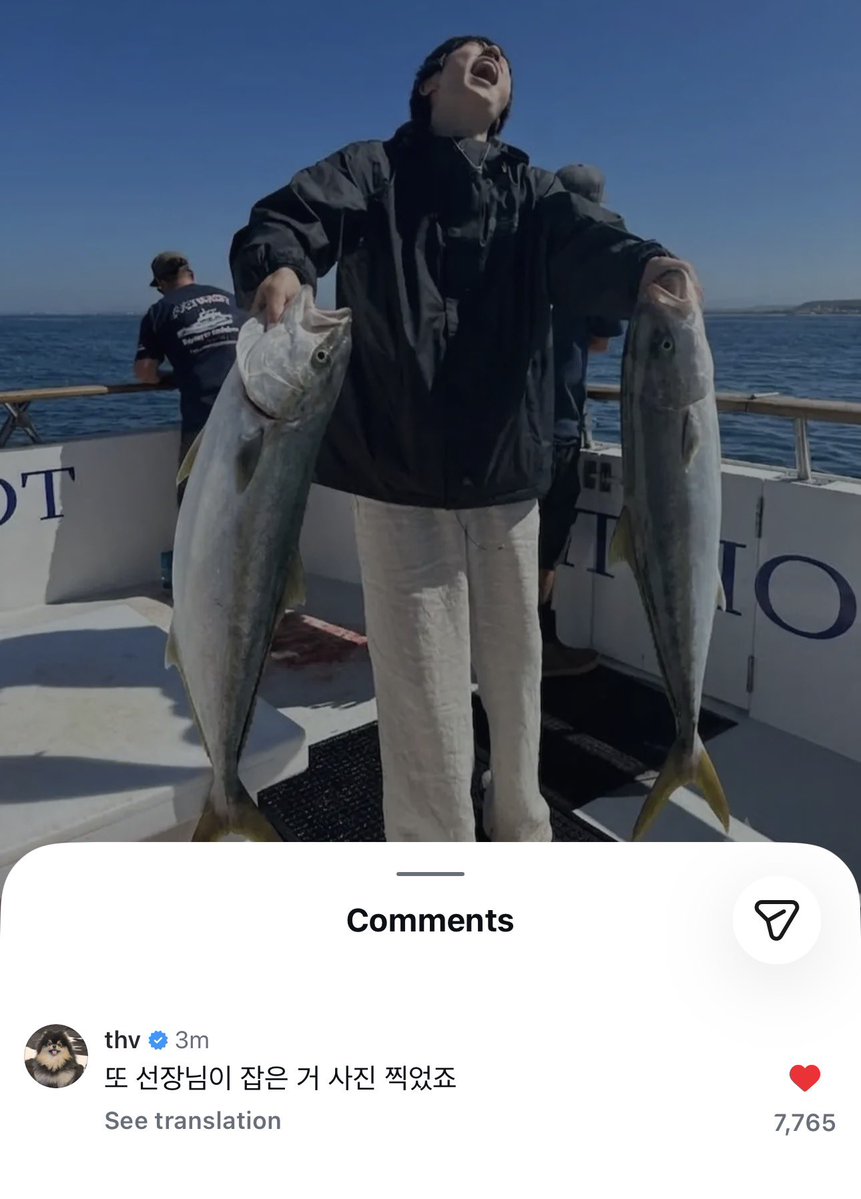 taeguide's tweet photo. [INFO] Taehyung commented under Jin’s recent IG post where he shows off the fish he caught 

🐯: You took a picture of the fish that the captain caught right? https://t.co/cdPAlkRKyW