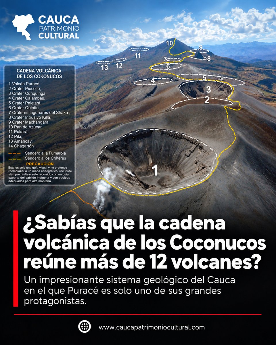 CaucaPatrimonio's tweet photo. 📷 ¿Sabías que el volcán Puracé no está solo?

El Servicio Geológico Colombiano (SGC) explica que el volcán Puracé hace parte de la cadena volcánica Los Coconucos, un sistema conformado por 15 centros eruptivos ubicados entre Cauca y Huila, en la cordillera Central. https://t.co/EdsRZOhTmm