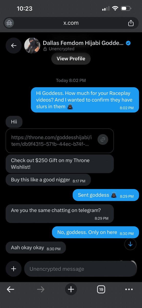 Postpostbeing's tweet photo. SCAMMER ALERT: @femdomhijabi

This bitch will call you a “nigger” in the DMs, send you a bullshit censored version of her Raceplay after purchasing, and then beg you to spend more $$$ on her. 

STAY AWAY. The game is finished 🤦🏿‍♂️ https://t.co/sbEzS7Nstv
