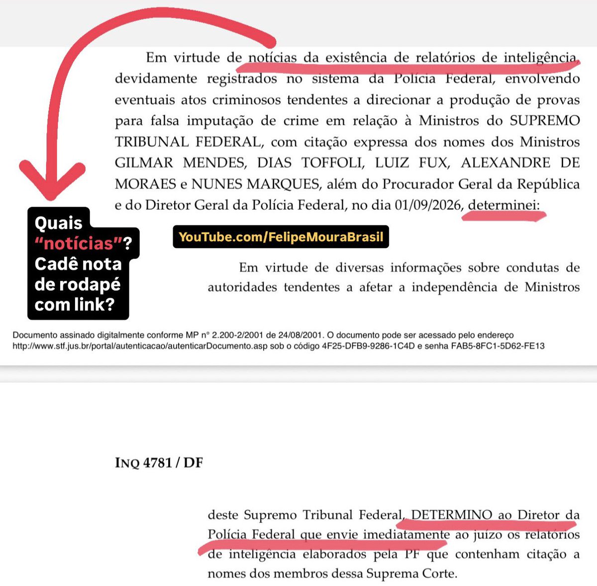 FMouraBrasil's tweet photo. “Em virtude de notícias da existência de relatórios de inteligência”, Moraes os exigiu do diretor da PF, Andrei Rodrigues.

Mas quais “notícias”? De onde Moraes tirou isso? Nem indicou em nota.

Fabricação e vazamento do relatório apócrifo contra Mendonça têm de ser investigados. https://t.co/Jgbdai432I
