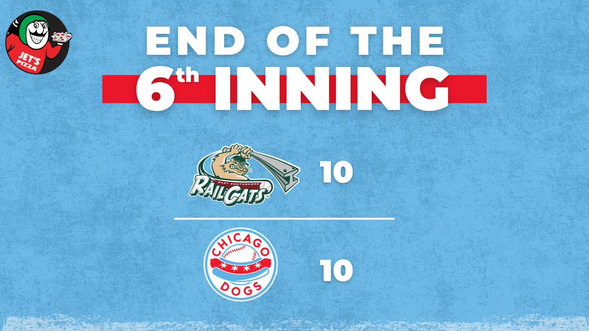TheChicagoDogs's tweet photo. We’re all tied up!! 🔥

The 6th inning score update is presented by Jet’s Pizza, the official pizza of the Chicago Dogs! 🍕 #NoKetchup https://t.co/Ze0jYFkO0U
