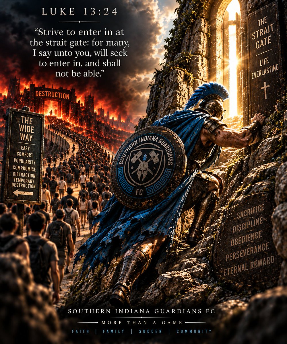 TheSIGFC's tweet photo. ⚔️ THE WAY TO LIFE WAS NEVER PROMISED TO BE THE EASY WAY.

Jesus did not say to drift toward the gate. He said:

“Strive to enter in at the strait gate.” — Luke 13:24

The wide road is easy to find. It asks little. It is crowded with people moving in the same direction. There is comfort in following the multitude—but Scripture warns where that road ends.

The way to life is different.

It requires you to seek when others are satisfied.
To strive when others choose ease.
To obey when compromise would be easier.
To continue when the path becomes difficult.
Jesus warned that many would eventually seek to enter and would not be able. There is urgency in His words. This is not something to casually consider someday.
The world says, “Follow the crowd.”
Christ says, “Strive to enter in.”
Do not choose a road because it is wide.
Do not choose it because it is popular.
Do not choose it because everyone around you is walking it.

Seek the truth. Follow Christ. Enter through the strait gate.

“Because strait is the gate, and narrow is the way, which leadeth unto life, and few there be that find it.” — Matthew 7:14 KJV
⚔️ FEW FIND IT. STRIVE TO BE AMONG THEM.

FAITH • FAMILY • SOCCER • COMMUNITY
 MORE THAN A GAME.
#Luke1324 #Matthew714 #StraitGate #NarrowWay #JesusChrist #Gospel #Faith #SouthernIndianaGuardians #SIGFC #MoreThanAGame