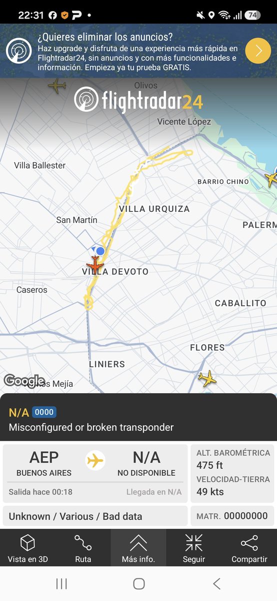 HustoJonathan's tweet photo. @GaboAir Acabo de ver por Gral Paz que pasó 3 veces el avion de la imágen y cuando llegó a Rio de la Plata, sentido Uruguay desapareció. Es normal? https://t.co/T8cfxOySGS