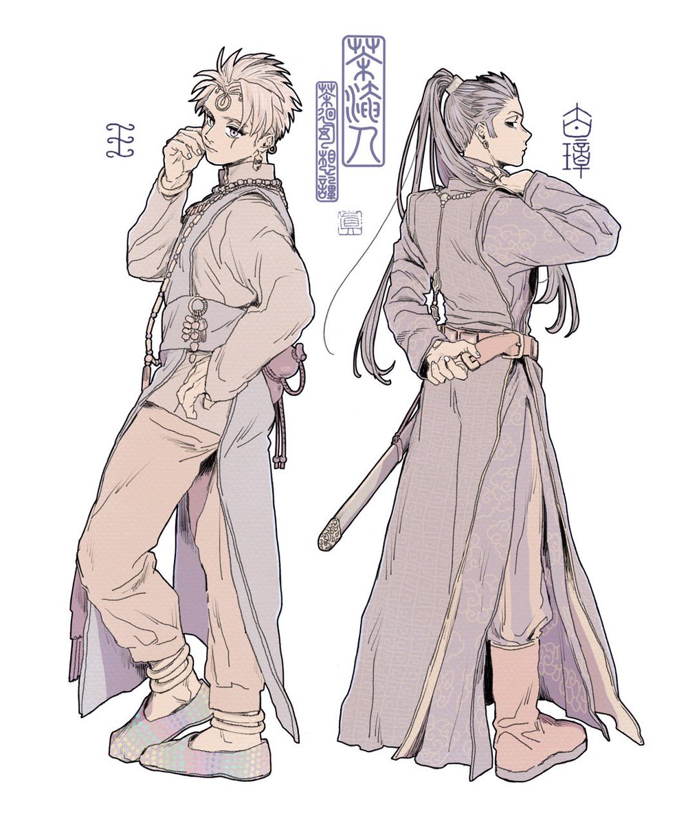 CHA_ild_CHA's tweet photo. こだわりなので反芻しますが、王は手足を大きく、脚を短めに描いてます。
そもそも頭身の高い（顔の小さい）人物画が苦手なので、 王をこのくらいにしとかないと、180cm超えの高身長キャラに苦しむ。

由璋はとにかく細く薄く、という意識。スタイル良いとかじゃなく病人。 https://t.co/pK4yhToK8v