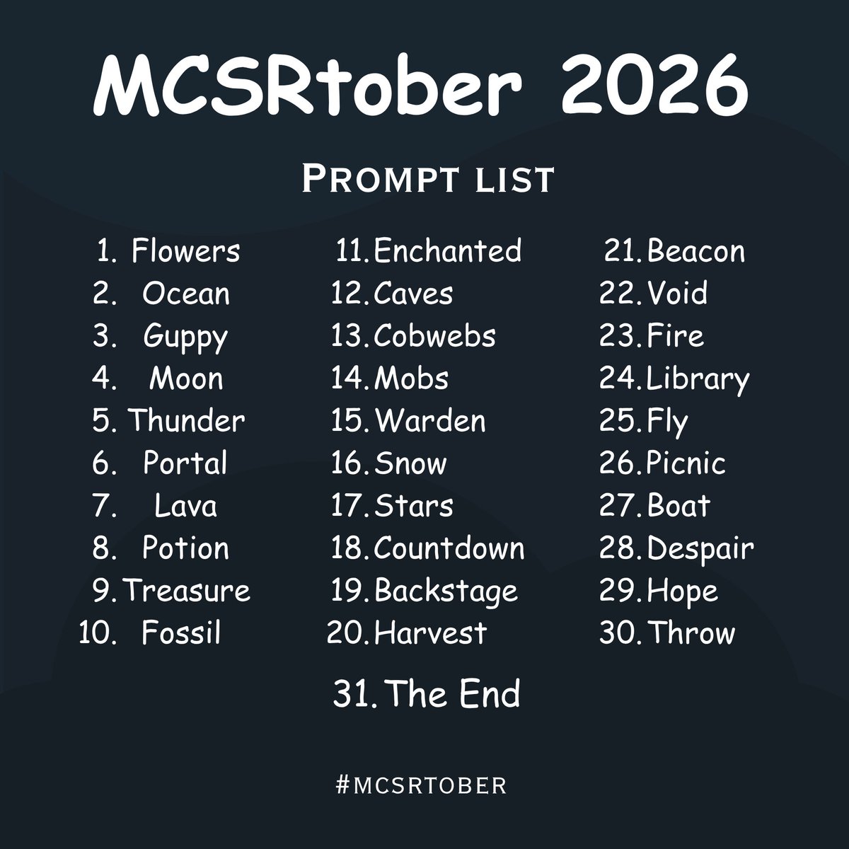 mcsrDoodles's tweet photo. Hey everyone we made a list for mcstober this year! Feel free to use if you are interested :3 https://t.co/GasQ5sTsSt