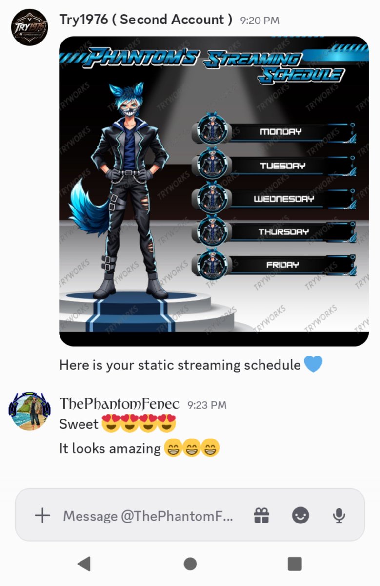 try1976's tweet photo. I did this Static stream schedule for Mr @ThePhantomFenec 💙🤝 It's been great to work with him and he is actually a very nice and kind person, Don't forget to subscribe his yt channel and do follow his twitch channel aswell.

#ENVTUBER #Twitch #envtubers 
#Gaming #Fox https://t.co/YhvZqZfkvN