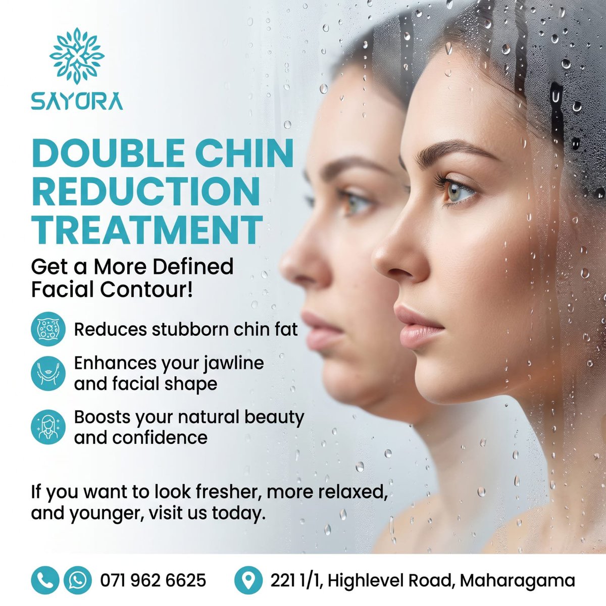 SayoraLk's tweet photo. ✨ Double Chin එකට සමුදී, Defined Jawline එකකට! ✨
🌿 Double Chin Reduction Treatment මඟින් chin area හි අනවශ්‍ය මේදය අඩු කර, facial contour &amp; jawline වැඩිදියුණු කරගැනීමට සහාය ලබාගන්න. 💚
📞 Appointments: 071 962 6625
#DoubleChin #Jawline #FaceContouring #AestheticTreatment https://t.co/VKFCVa4lh1
