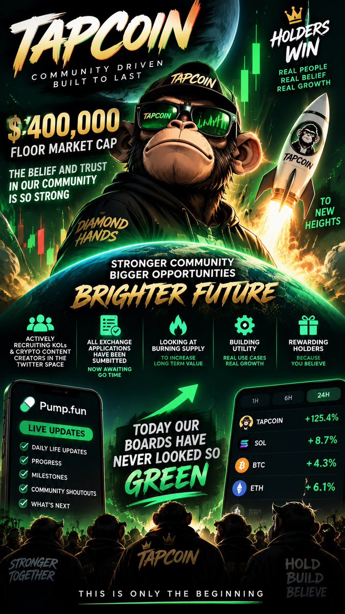 SolanaTapcoin's tweet photo. 🦍 TAPCOIN UPDATE

$400K FLOOR 🟢
KOL applications submitted 📨
Utility building 🛠️
Supply reduction being explored 🔥
Holder rewards 🎁
Daily https://t.co/meDGS1VSJh updates 📢

The community is stronger than ever.

NOW WE WAIT FOR GO TIME. 🚀

#TapCoin #TAP #Solana #Crypto #PumpFun #Memecoin