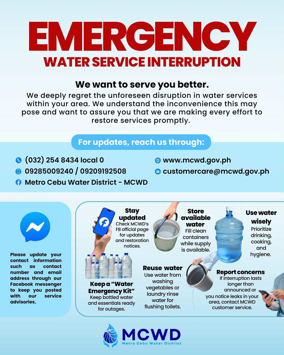 MetroCebuWD's tweet photo. EMERGENCY WATER SERVICE INTERRUPTION

Mainline leak repair of 3-inch diameter pipe along V. Rama St., Calamba, Cebu City.

Date and Time:
Sep 5, 2026 9:54 AM - Ongoing

Areas Affected (Cebu City):
Banawa-Englis (Horseshoe Ville, Happy Valley)
Calamba (V. Rama Ave.)
Parts of Guadalupe

We apologize for the inconvenience, and appreciate your patience and understanding.

For urgent concerns and inquiries, please email us at customercare@mcwd.gov.ph or call us at 254-8434 loc. 0.