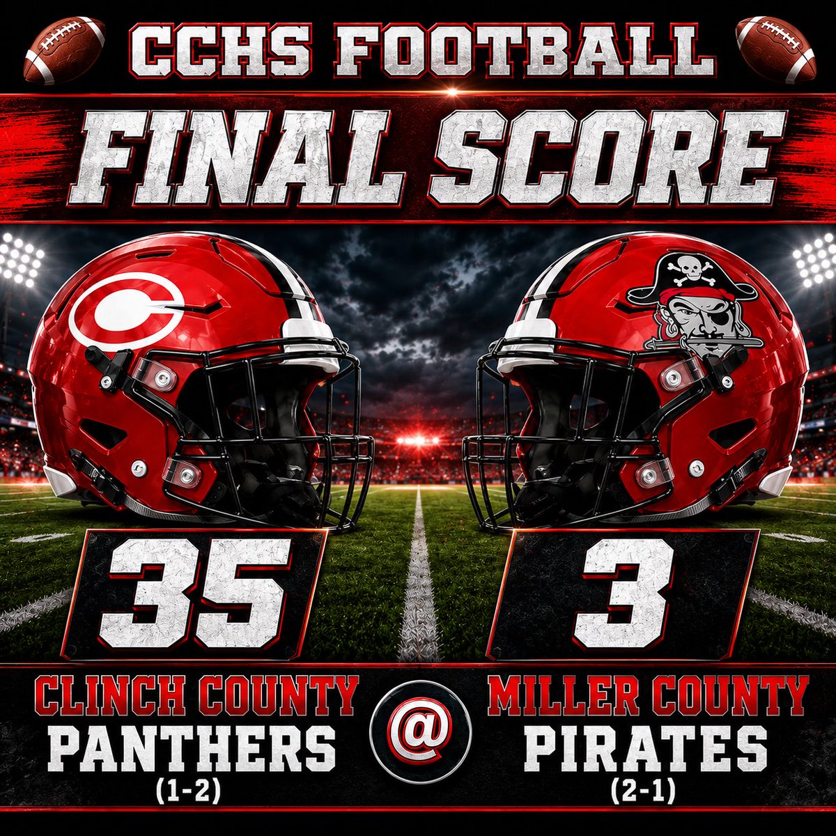 ccpanthernation's tweet photo. 𝓟𝓘𝓡𝓐𝓣𝓔𝓢 𝓢𝓤𝓝𝓚 ! 🏴‍☠️⬇️

The Clinch County Panthers picked up a dominant 35-3 victory over the Miller County Pirates! 🏈🔥

The win marks Rance Morgan’s first victory as head coach of the Panthers! With the win, Clinch County improves to 1-2 on the season. 
(1/2) https://t.co/A8fo7vsDpZ