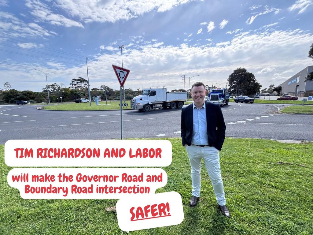 TimRichardsonMP's tweet photo. ONLY LABOR WILL UPGRADE THE GOVERNOR ROAD & BOUNDARY ROAD INTERSECTION 🚦 🚗 🚛 

A re-elected Carroll Labor Government will remove the dangerous and congested roundabout at Governor Road & Boundary Road, with a $60 million upgrade to deliver traffic lights and provide a safer intersection.

We have all held our breath going through this roundabout, especially in peak times and when the weather is poor. With the Mordialloc Aquatic Centre opening soon, we need to upgrade this critical intersection for Kingston residents. 

Our local community has shared their concerns and we have listened. No more navigating the roundabout alongside trucks and heavy vehicles. No more unnecessary stress getting through the intersection. 

We will upgrade the intersection with new lights and turn lanes, getting you home to your loved ones safer and sooner. 

Planning for these upgrades would begin early next year in 2027, followed by important community consultation. 🚧