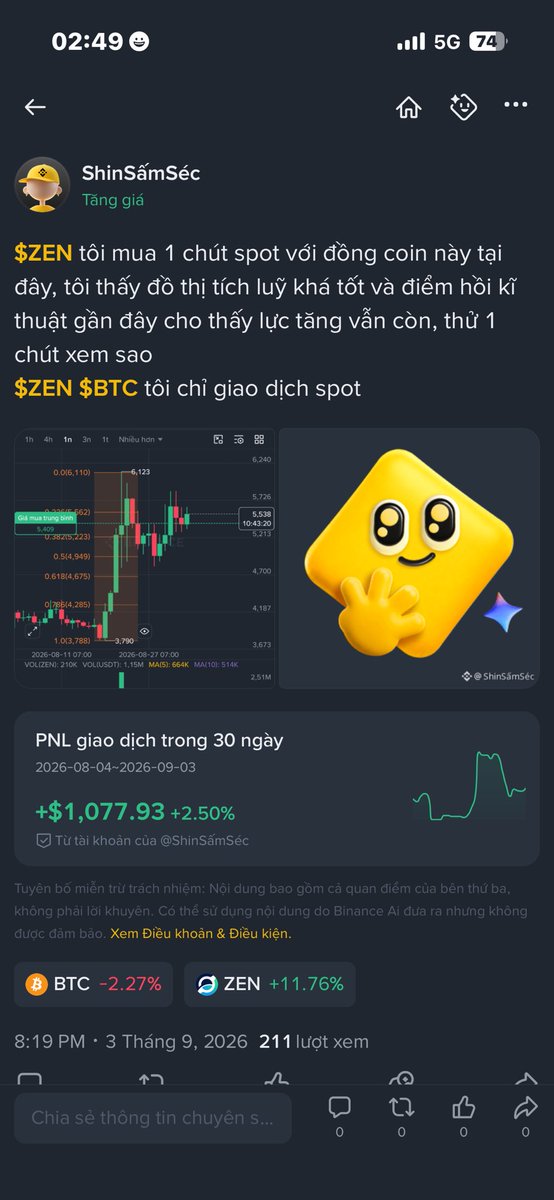 ShinSamChop's tweet photo. $Zen +30% từ entry⚡️🙂‍↔️ https://t.co/yYtflrsK9q