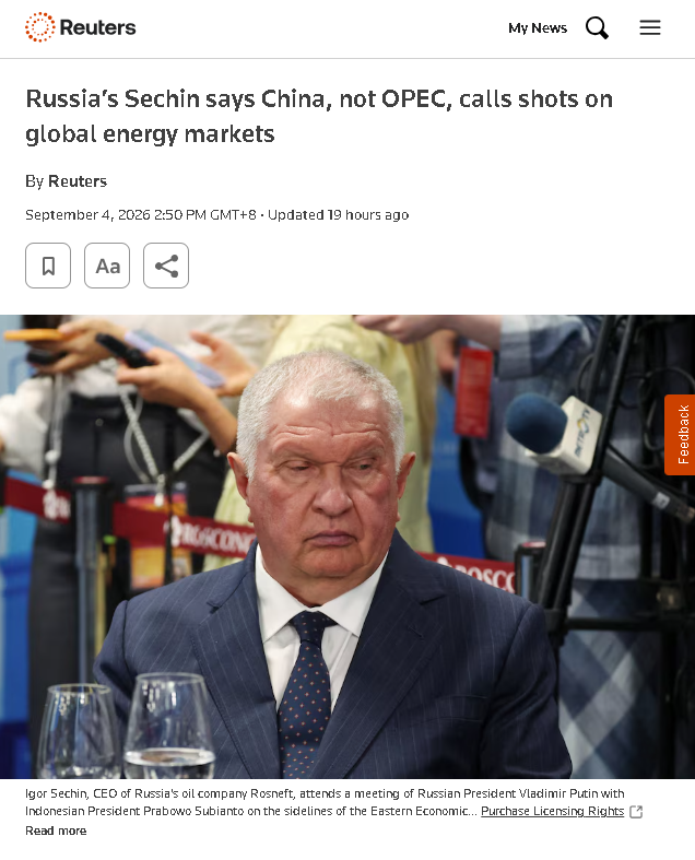 RnaudBertrand's tweet photo. This hasn't been talked about much but it may be one of the most consequential revelations of the US's war on Iran: the fact that China has effectively replaced OPEC as the global price setter for oil.

It isn't me saying it but Igor Sechin, CEO of Rosnef, the largest oil producer in Russia - itself a member of OPEC+ (https://t.co/ckinOaHzJ7)

And Sechin isn't alone in saying so: many Western analysts - such as Javier Blas, Bloomberg's top energy analyst - are essentially saying the same thing (see https://t.co/cpcCKLdMCv)

How so? Well, China has demonstrated during the Iran war an extraordinary ability to simply walk away from the market and slash its oil imports by millions of barrels per day - during a months on end. 

At peak, they slashed imports by 5.5 million barrels per day, the equivalent of India's total consumption. They can, quite literally, switch an entire India's worth of demand on and off, at will.

This is mainly because they have immense strategic oil reserves, estimated to stand at 1.4 billion barrels (https://t.co/jyTb2Srcnz) - 4 times bigger than the US's (the world's second largest inventory).

In a nutshell, prices being, as everyone knows, set by supply and demand, China now controls the demand side in a bigger way than OPEC controls the supply side. So, as Sechin puts it, they now call the shots.

All the more given that OPEC is weaker than it's ever been with the recent loss of the UAE, the largest producer ever to walk out.

This is what effectively saved the world's economy during the Iran war: analyst after analyst predicted that the closure of Hormuz would make oil prices skyrocket to stratospheric levels, like $200-$300 a barrel (https://t.co/PTU64I3zGl). 

However, Hormuz is still closed and prices sit at... $91 a barrel, after briefly peaking at around $110 in April (https://t.co/eufRaK4EnB). China almost single-handedly made this happen with their flexibility on the demand side: what Hormuz made the world lose in supply, China basically cut in demand, which stabilized prices.

Long story short, as the saying goes: "never let a good crisis go to waste." China used this one to effect a friendly takeover of the most powerful cartel on earth - without even joining it.