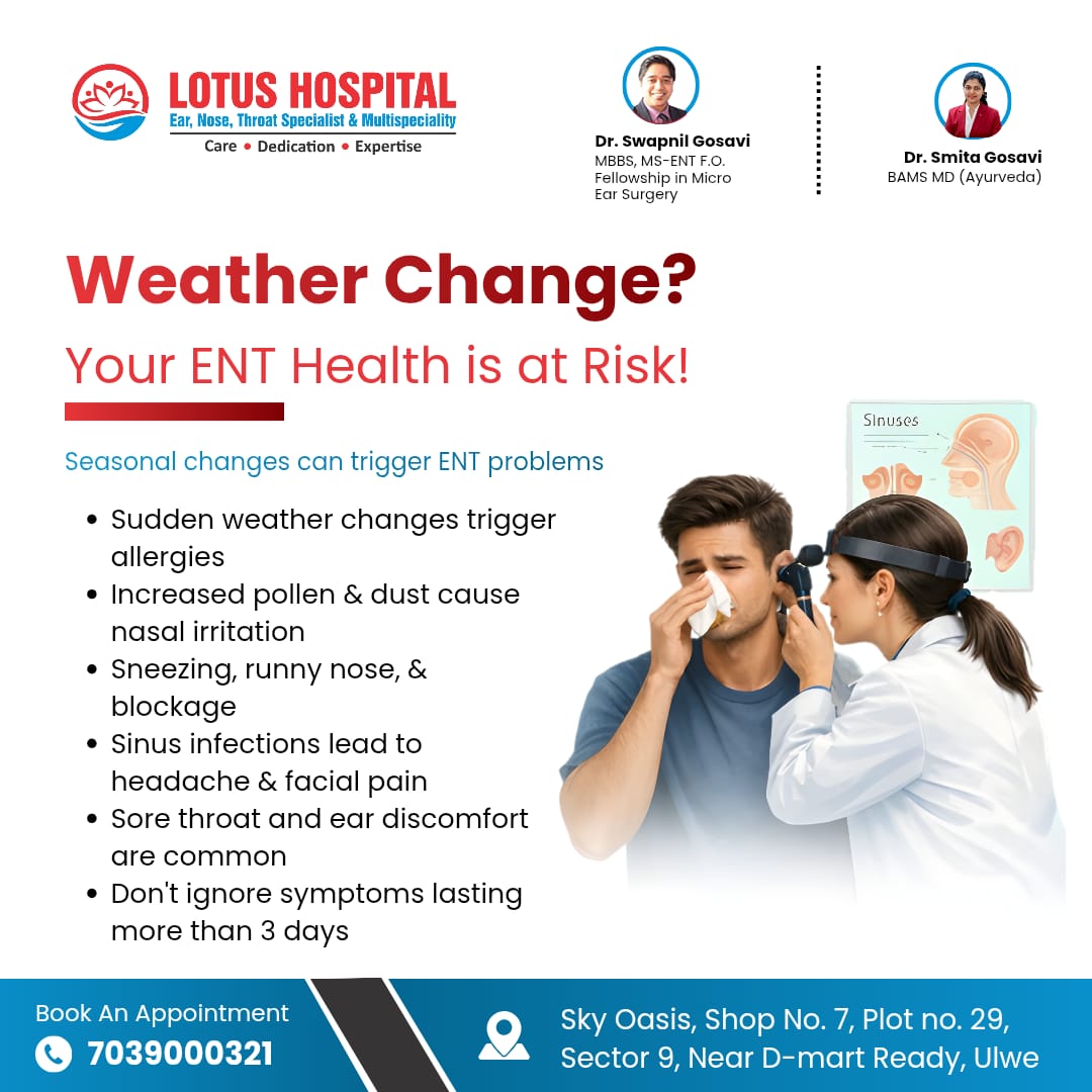 bees_des's tweet photo. Weather changes can trigger allergies, sinus infections, sore throat and ear discomfort. Symptoms lasting over 3 days? Get expert ENT care. Lotus Hospital, Ulwe
Dr. Swapnil Gosavi | Dr. Smita Gosavi
Call: 7039000321 https://t.co/RprIYqPOUR