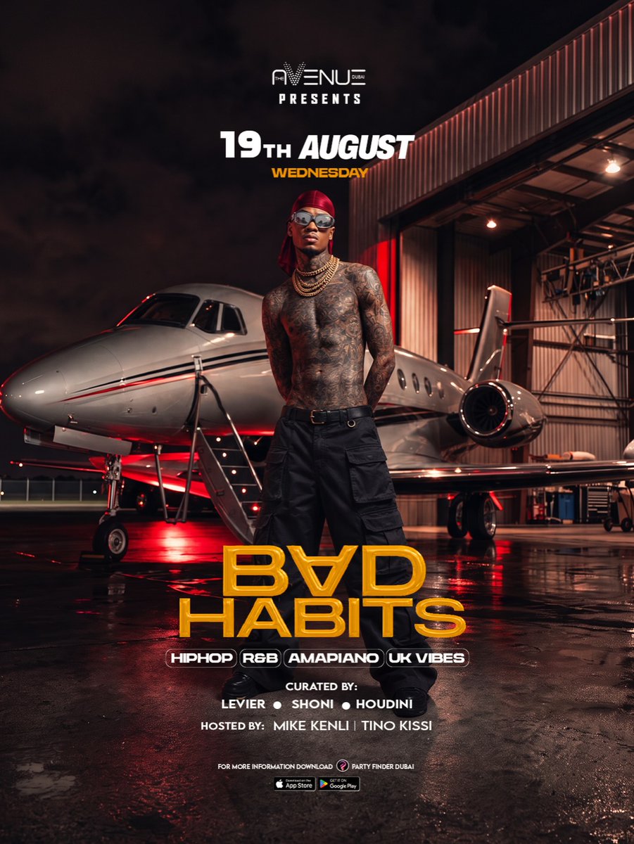 WordsProdof's tweet photo. BAD HABITS at Avenue Club Dubai tonight. Hip hop and Afro from 11 PM to 4 AM. Smart casual, 21+ with ID. Tables from AED 1000. Gents AED 300 with 2 drinks. Ladies and couples free before 1 AM. https://t.co/XSBYXwAxkx