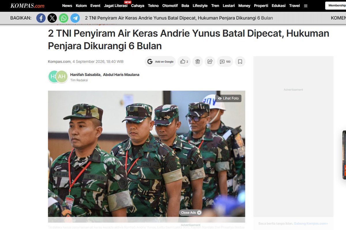 Jatosint's tweet photo. Welcome to Indonesia where soldiers convicted of an acid attack on a human rights activist can get as little as two years in prison and still keep their uniforms 🤪🤪

This is a serious warning for Indonesian democracy: activists, journalists, academics, or basically anyone seen as too vocal against the military or government can face very real physical danger

https://t.co/EbR19OX75w