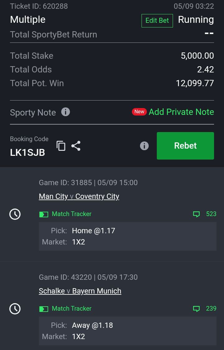 Gameday_7's tweet photo. Running ticket, from saturday to thursday.

LK1SJB 🔥🚀 #sportybet https://t.co/cdUPFoYViK