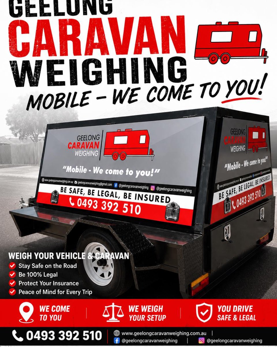 ConsuelaKoncan's tweet photo. Is Your Caravan &amp; Car Overweight? Avoid fines, insurance issues and unsafe towing. Geelong Caravan Weighing uses 8-pad technology for accurate wheel, tow ball and axle weights, plus compliance checks. Mobile service across Geelong. Call 0493 392 510. https://t.co/023fK9x9Ap