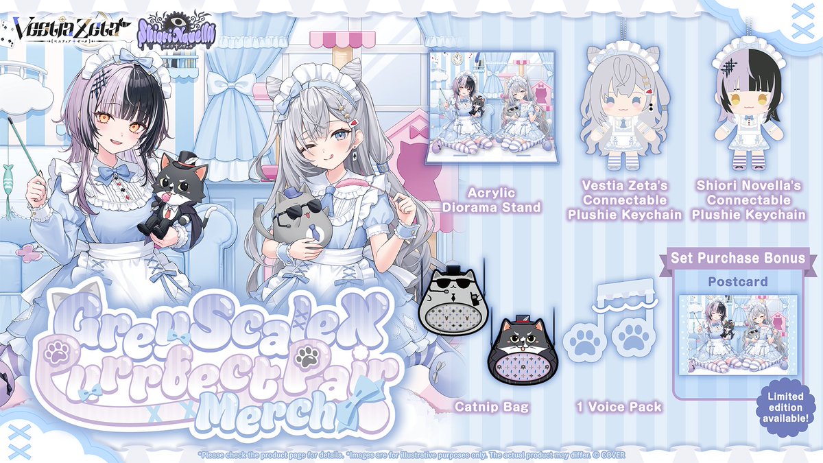 hololive_En's tweet photo. 📜👁‍🗨Merch👁‍🗨📜

The GreyScaleX Purrfect Pair Merch is available now! 🥳

Lineup
🔵Acrylic Diorama Stand
🔵Vestia Zeta's Connectable Plushie Keychain
🔵Shiori Novella's Connectable Plushie Keychain
🔵Catnip Bag
🔵Situational Voice Pack “Welcome to your Mew (New) Life”

🛒
https://t.co/h8KCTZl6ci

#GreyscaleX