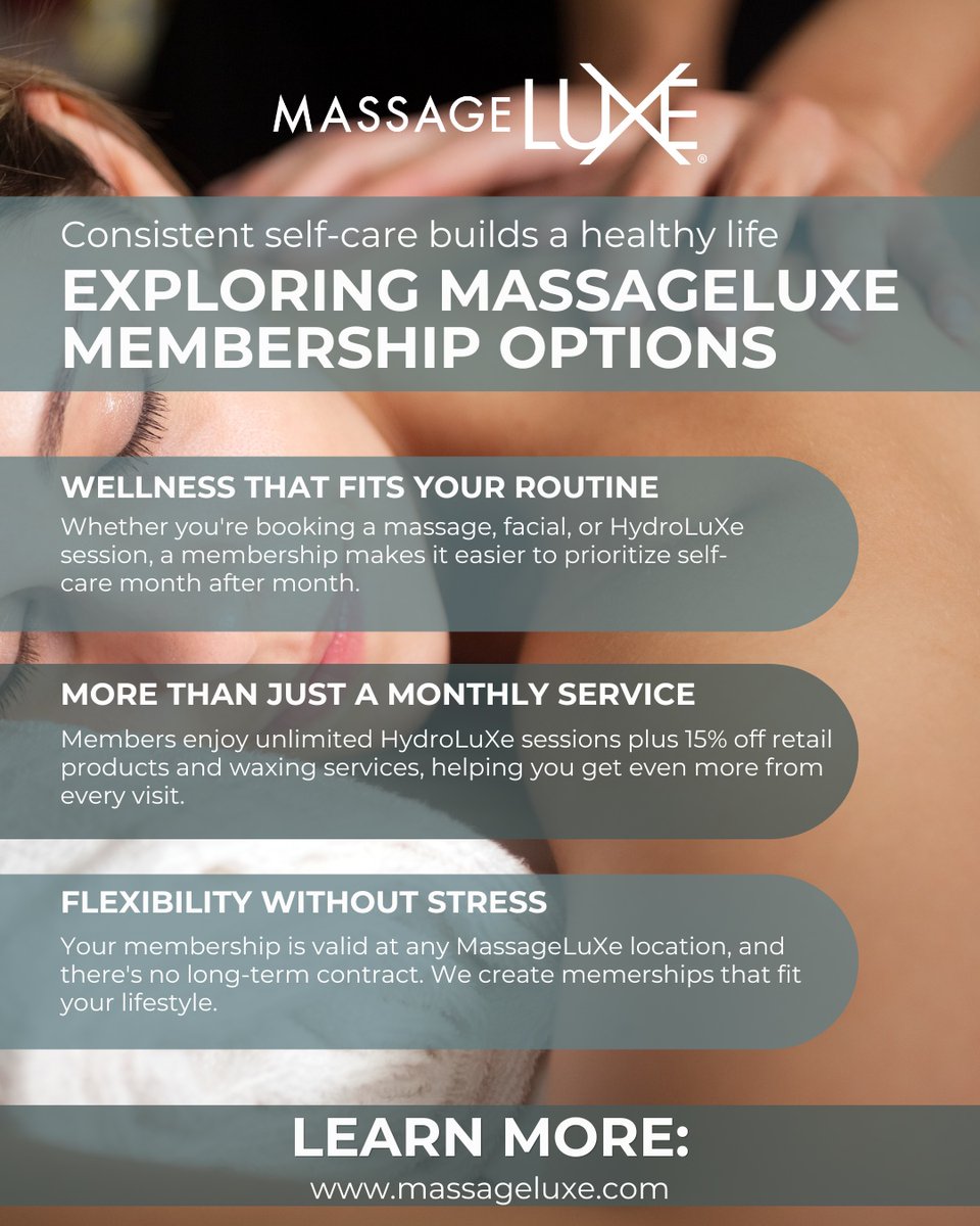 BeatrisConq4m's tweet photo. When you regularly prioritize yourself, your body notices. A MassageLuXe membership is the key to the routine self-care you’ve been looking for. Learn more by visiting our website or calling our spa today. https://t.co/H9SsOdfgcM