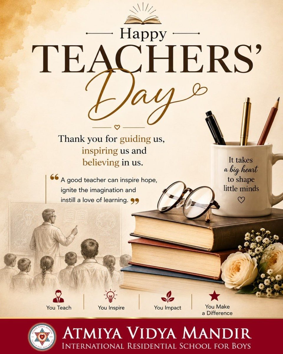 AVMupdates's tweet photo. A teacher doesn’t simply open books; they open minds.
They don’t merely impart knowledge; they inspire possibilities, nurture character, and help young minds discover who they can become.

Today, we celebrate every educator whose patience, wisdom and belief make a lasting difference.

At Atmiya Vidya Mandir, we are especially grateful for the blessings and guidance of Param Pujya Swamishree and Guruhari, whose lives, wisdom and example have been a profound source of inspiration and learning for generations of students and educators alike. They have shown us that the greatest teachers are those who not only impart knowledge, but inspire us to become better human beings.

With heartfelt gratitude to educators everywhere, and to those who continue to teach us through their lives and example.

Wishing all educators a very Happy Teachers’ Day! 🌿📚

@ihariprabodham 
#HappyTeachersDay #TeachersDay #ThankYouTeachers #Gratitude