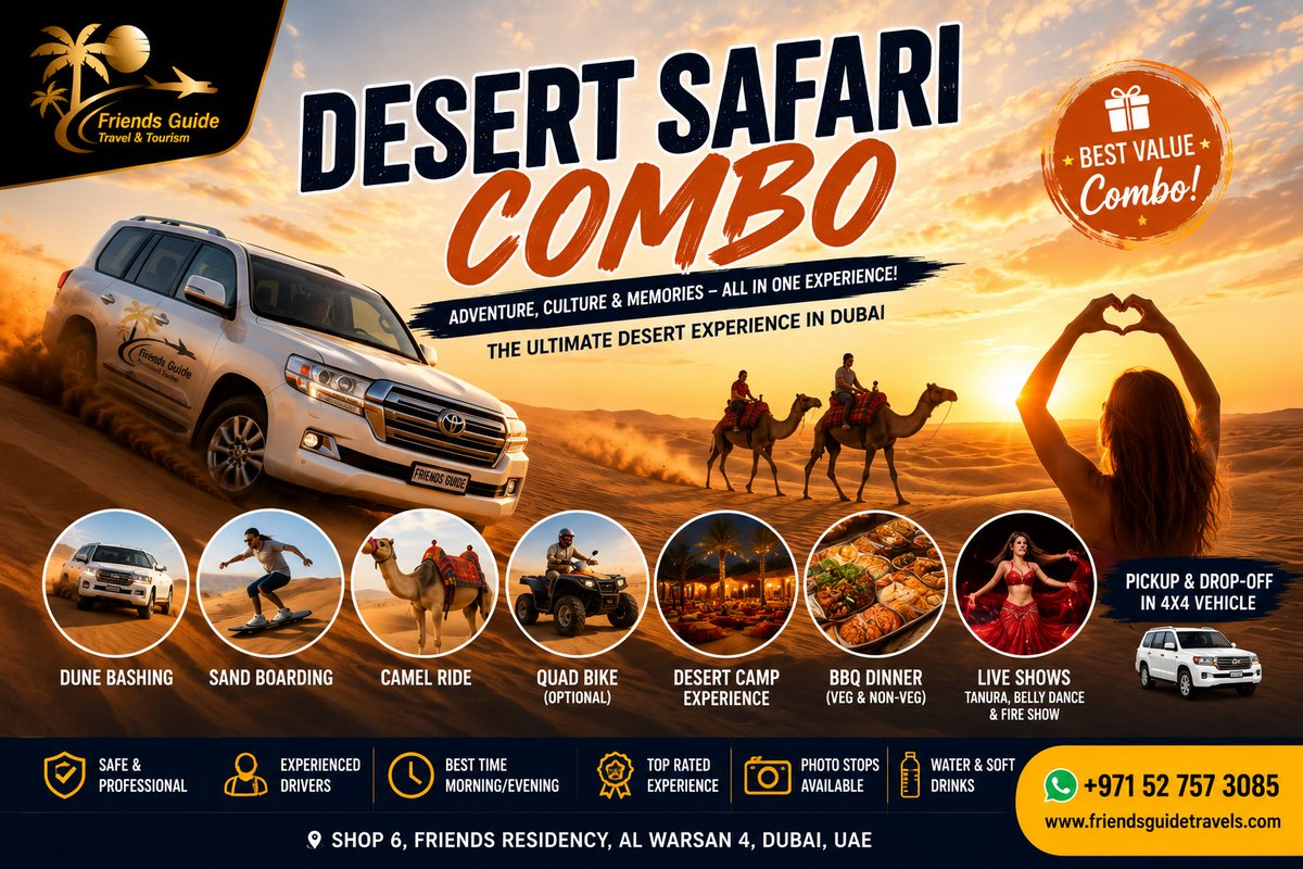 neyrincon's tweet photo. Dubai Desert Safari Combo Packages 2026: Enjoy sunrise and evening safaris, camel rides, dune bashing, and cultural shows with guaranteed pickup and hassle-free booking. https://t.co/VBoXW9RKd0