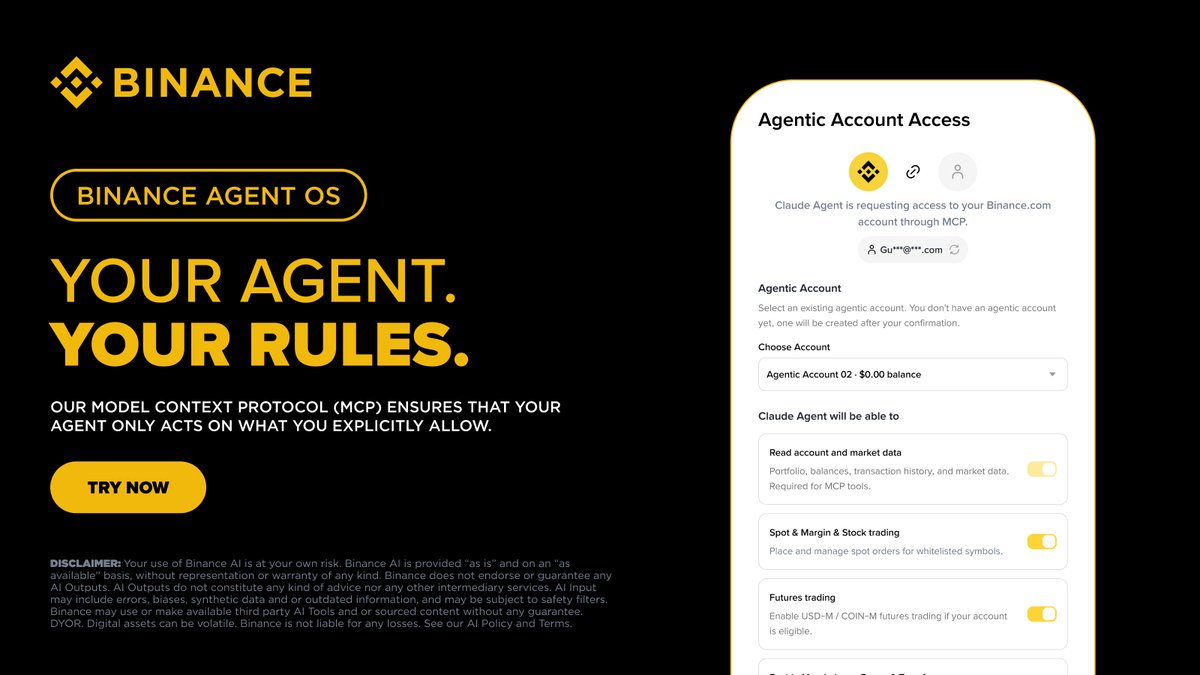 binance's tweet photo. Your AI agent works within the boundaries you set.

Choose what it can access.
Set permissions for every action.
Revoke access whenever you want.

Your agent. Your rules.

Try Agent OS → https://t.co/O4E5Dmfwdc https://t.co/NklfCU7dgm