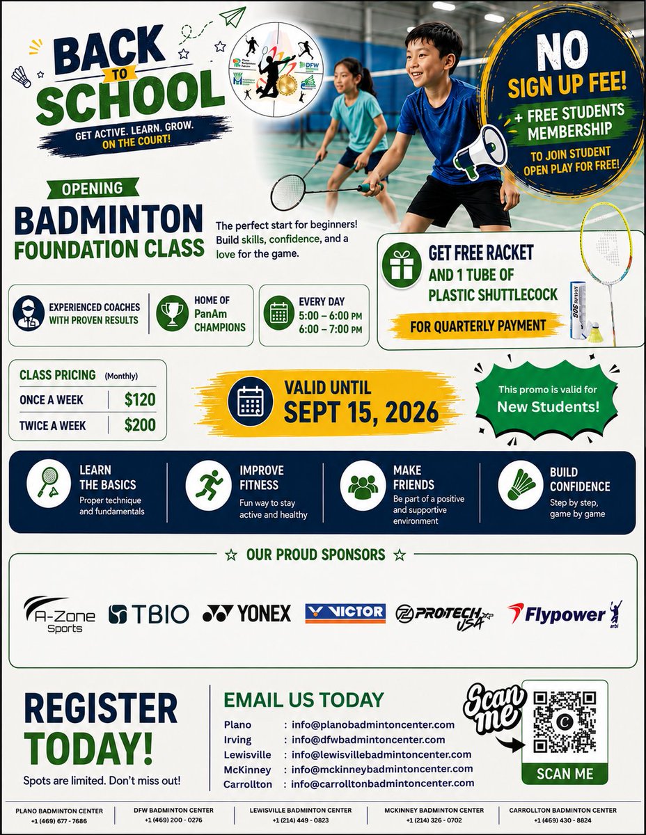 trainingatmbc's tweet photo. BACK TO SCHOOL — GET ACTIVE. LEARN. GROW.
Looking for a fun and active way for your child to learn badminton? https://t.co/FMSc2MoQbg