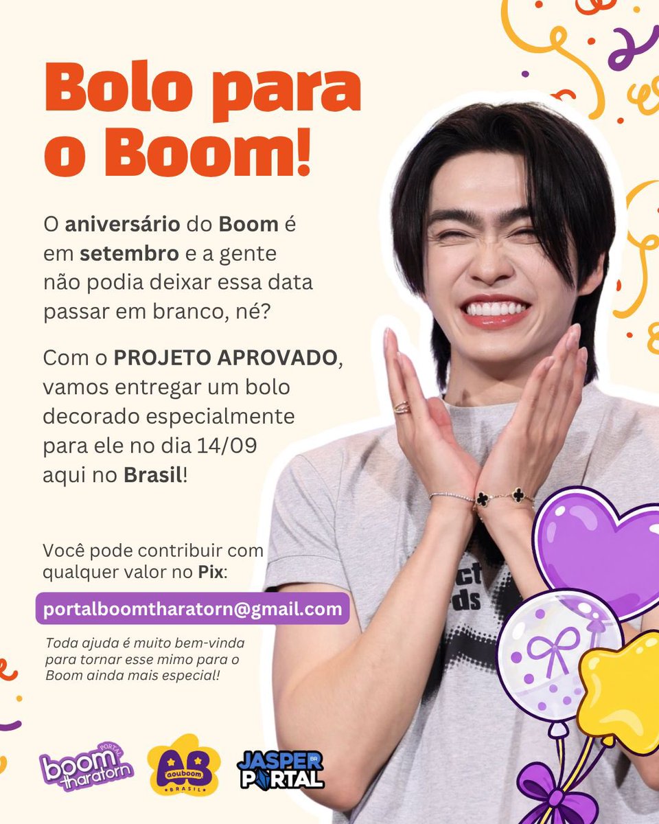 portalboombr's tweet photo. Veio aí o nosso projeto para o Boom! 

Para tornar o dia 14/09 ainda mais especial, vamos comemorar, em solo brasileiro, o aniversário dele. 

Você pode contribuir com qualquer valor para entregarmos um bolo preparado especialmente para ele! 💜

Pix: portalboomtharatorn@gmail.com https://t.co/zySQxY5I1l