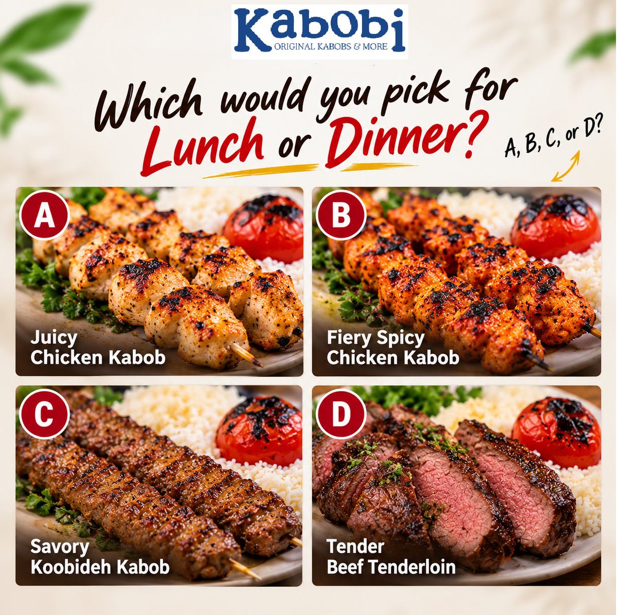 KabobiRaleigh's tweet photo. 😋 CAN YOU PICK ONE? Which Kabobi favorite would you choose? A. Juicy #Chicken #Kabob B. Spicy #ChickenKabob C. Savory #Koobideh D. Tender #Beef Tenderloin!
#Restaurant #MediterraneanRestaurant #MediterraneanFood #RaleighMediterranean #RaleighEats #RaleighNC #NorthCarolina https://t.co/1zeBs9eGG7