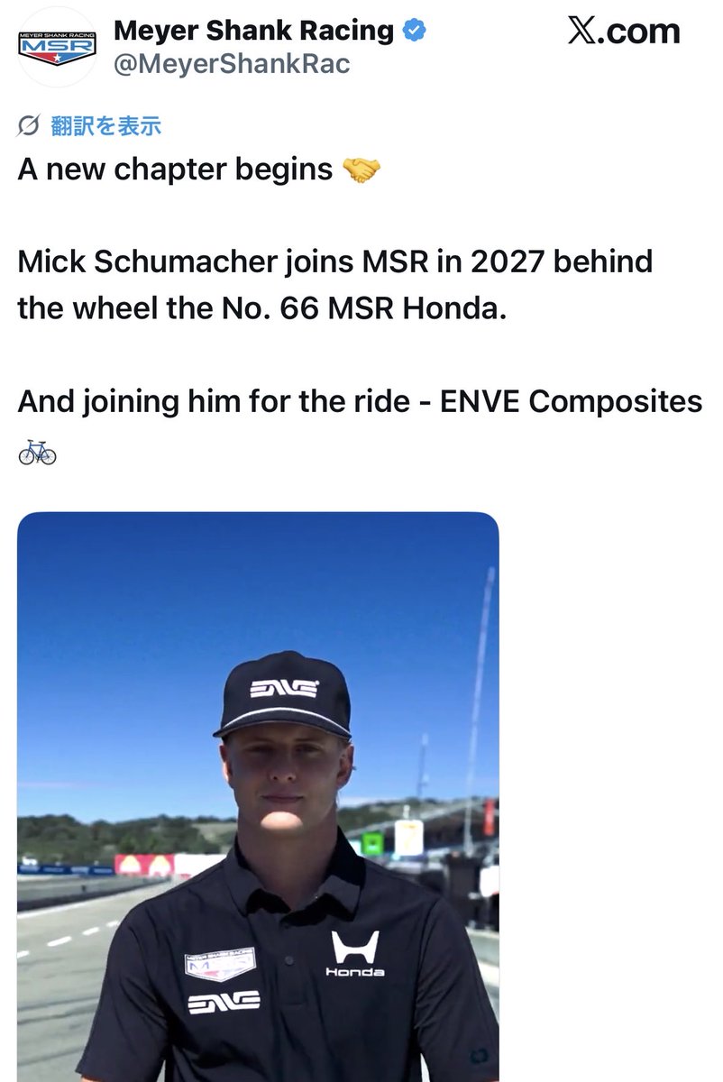 efmania's tweet photo. 🚨《角田裕毅の2027年IndyCar移籍候補、MSRのシートがミックで埋まる》

　角田裕毅の移籍先候補として名前が挙がっていたMeyer Shank Racing（MSR）が、2027年のNo.66 Hondaにミック・シューマッハーを起用すると正式発表。

8月には角田側がこのNo.66について交渉していると報じられていたため、有力な選択肢がひとつ消えた形になる。

No.60はマーカス・アームストロングが継続。MSRの2027年体制はこれで確定した。1/3