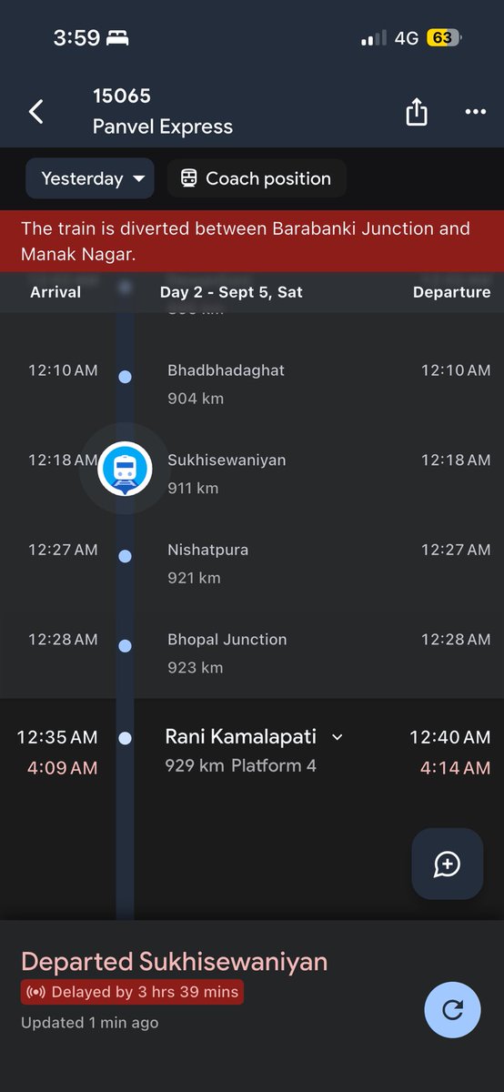 arpit10650's tweet photo. Delay time increases from 2:33 min to 3:39 min. Still not moved an inch. Why I have to travel from Bhopal also. Pls give clearance. So far 8 train crossed this 15065 train. https://t.co/iytBcqAWWg