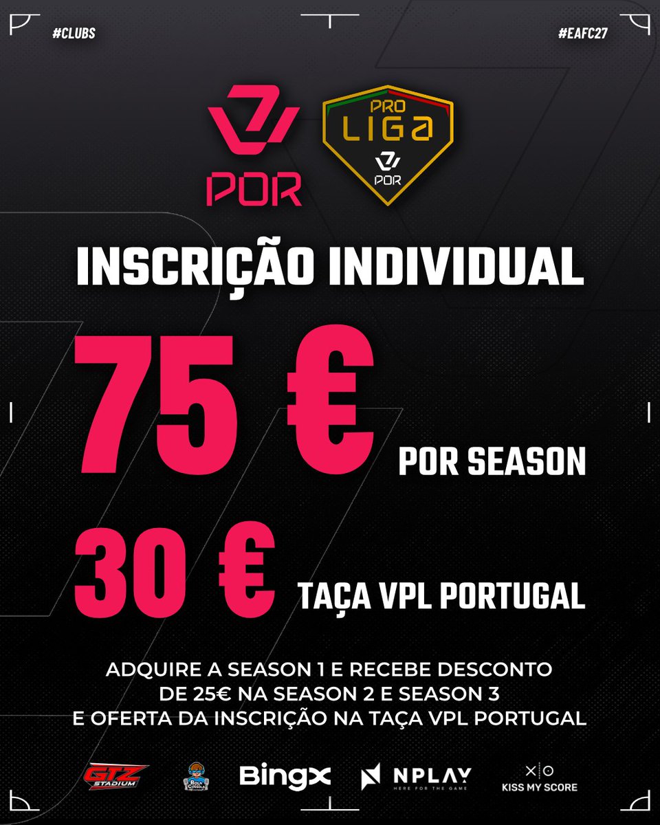 VPLPortugal's tweet photo. 🚨 INSCRIÇÕES ABERTAS — VPL PORTUGAL 26/27 🇵🇹

A nova época está a chegar e a tua equipa pode garantir já um lugar na competição.

✅ Season Pass Bundle — 3 Seasons + Taça por 150€
✅ Inscrição individual — 75€ por Season
✅ 750€ de Prizepool por Season https://t.co/PmxUomjROH