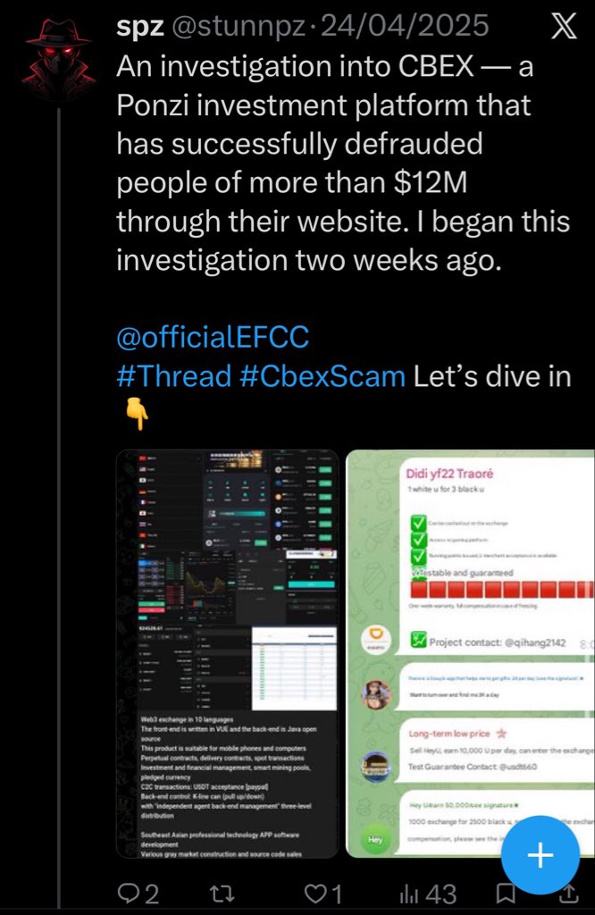 danhaassan's tweet photo. Lasted year 2025 I’ve took voluntary by investigating Chinese company that scammed Nigerian citizens “CBEX” we’re I traced almost $7M Transactions through cryptocurrency.

I’ve documented everything in both old suspended account &amp; anonymous acct👇

@mohdanhassan
@ghostdado https://t.co/1omLLxjAgk