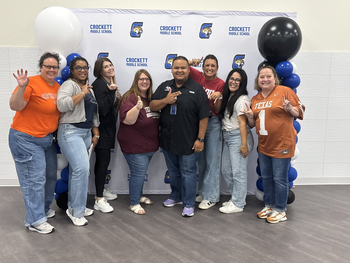 Manny_Espino's tweet photo. Our @Crockett_MS Administrators, Counselors, and ILT Representing our Alma Maters on #CollegeColorsDay in @IrvingISD #IrvingISDGoesToCollege https://t.co/hriIBieMrU