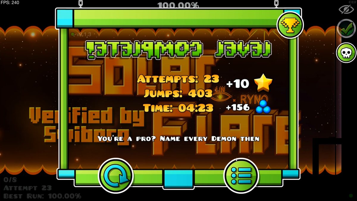 0firk's tweet photo. SOLAR FLARE 100% | NEW HARDEST
22,237 attempts and first main list.
Thank you to everyone who supported me throughout this, this is genuinely a dream come true <3 https://t.co/VfnR0DR47f