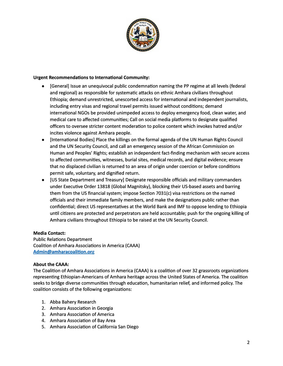 GPEthiopia's tweet photo. Statement of the Coalition of Amhara Associations in America: A Call for Independent International Investigations into Systemic Atrocities against Amharas in Ethiopia

Link to PDF of the Statement:  https://t.co/diRmNBblRD