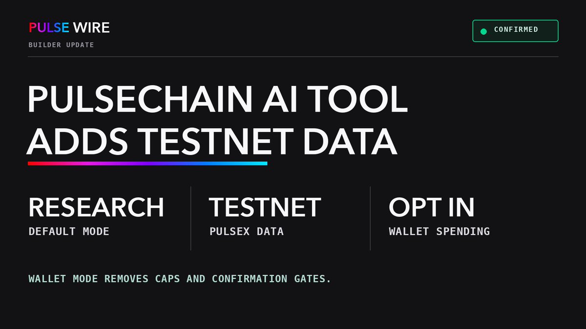 PLSWire's tweet photo. David Feder’s PulseChain AI tool has a new release.

Version 1.0.7 defaults to research mode and adds PulseX testnet data support.

Wallet spending is opt in. Once enabled, the tool no longer applies its own spending caps or confirmation gates. https://t.co/mNqpubt1W4