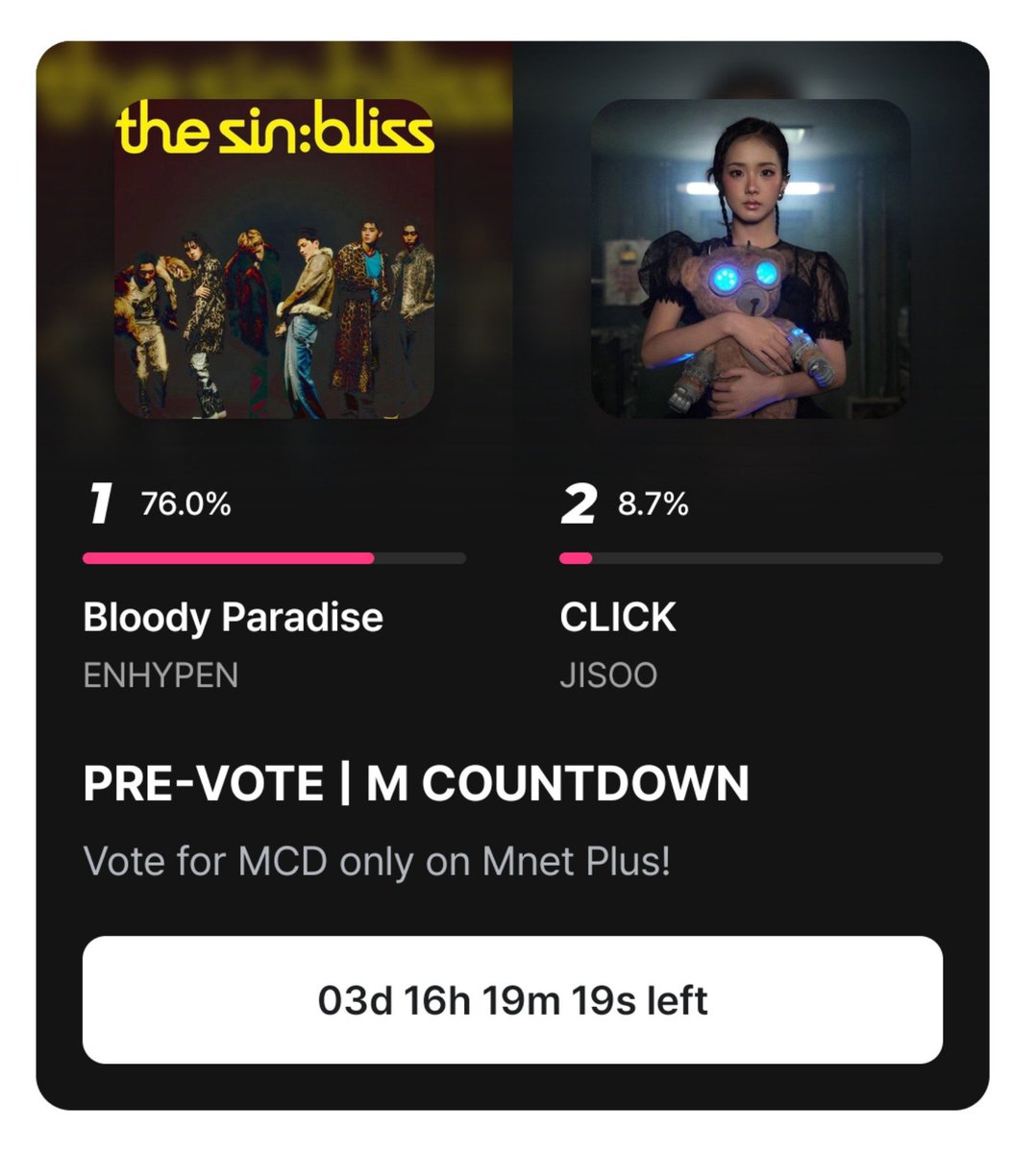 BP_VotingTeam's tweet photo. 📢 M Countdown Pre-Vote

2. #JISOO - Click

Keep voting BLINKS. Cast your 5 votes per account and don't forget to stream the official MV.

Vote here: https://t.co/mQ1p7sSdMI https://t.co/XdqkVNphLp