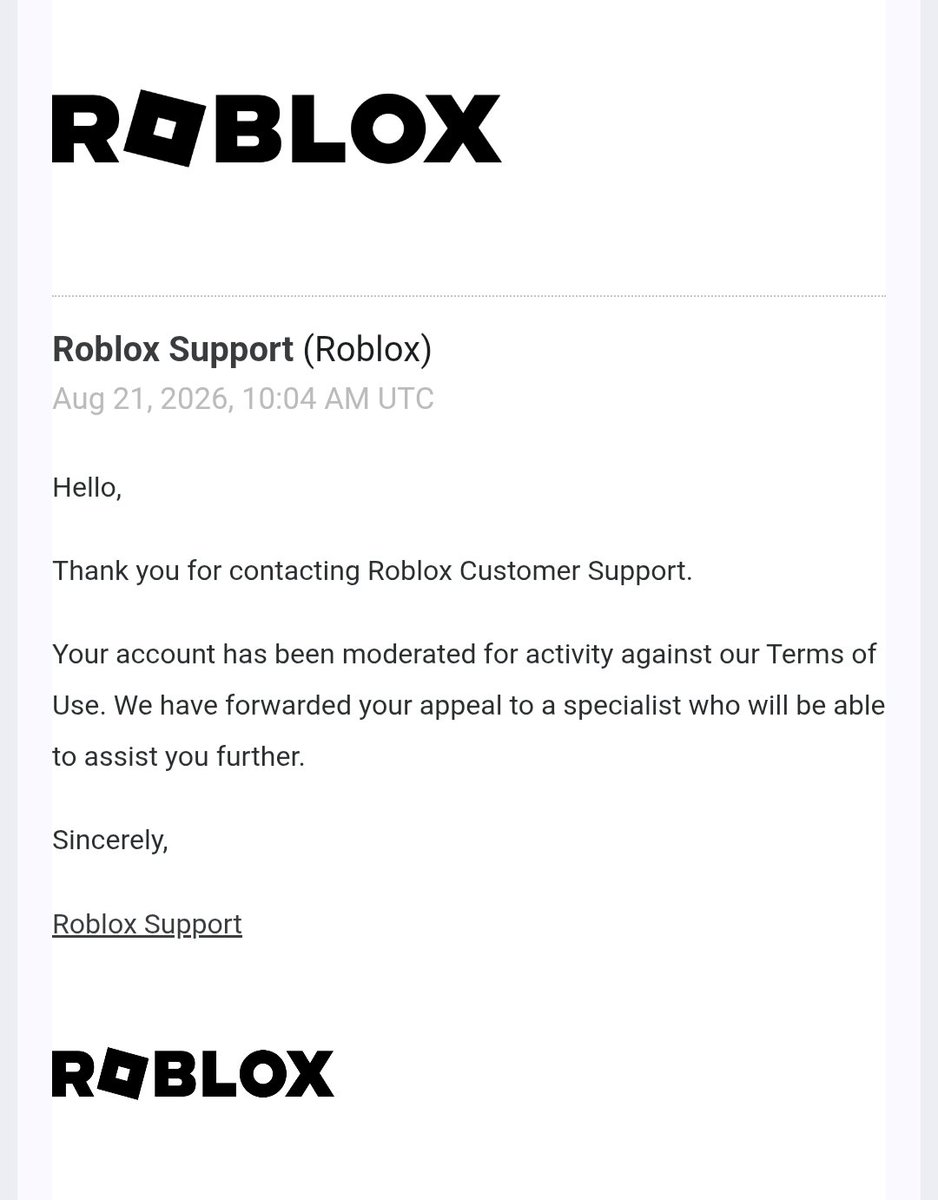 Nayxa5's tweet photo. By now almost a month has passed since my account was officially banned on @Roblox .I've perhaps said something which triggered the system but being banned for 3 words shouldn't Perma ban you in any game.
Roblox Support Ticket 181237938 is the most recent #robloxDev #robloxㅤ https://t.co/5l0khf4azz
