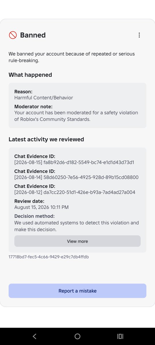Nayxa5's tweet photo. By now almost a month has passed since my account was officially banned on @Roblox .I've perhaps said something which triggered the system but being banned for 3 words shouldn't Perma ban you in any game.
Roblox Support Ticket 181237938 is the most recent #robloxDev #robloxㅤ https://t.co/5l0khf4azz