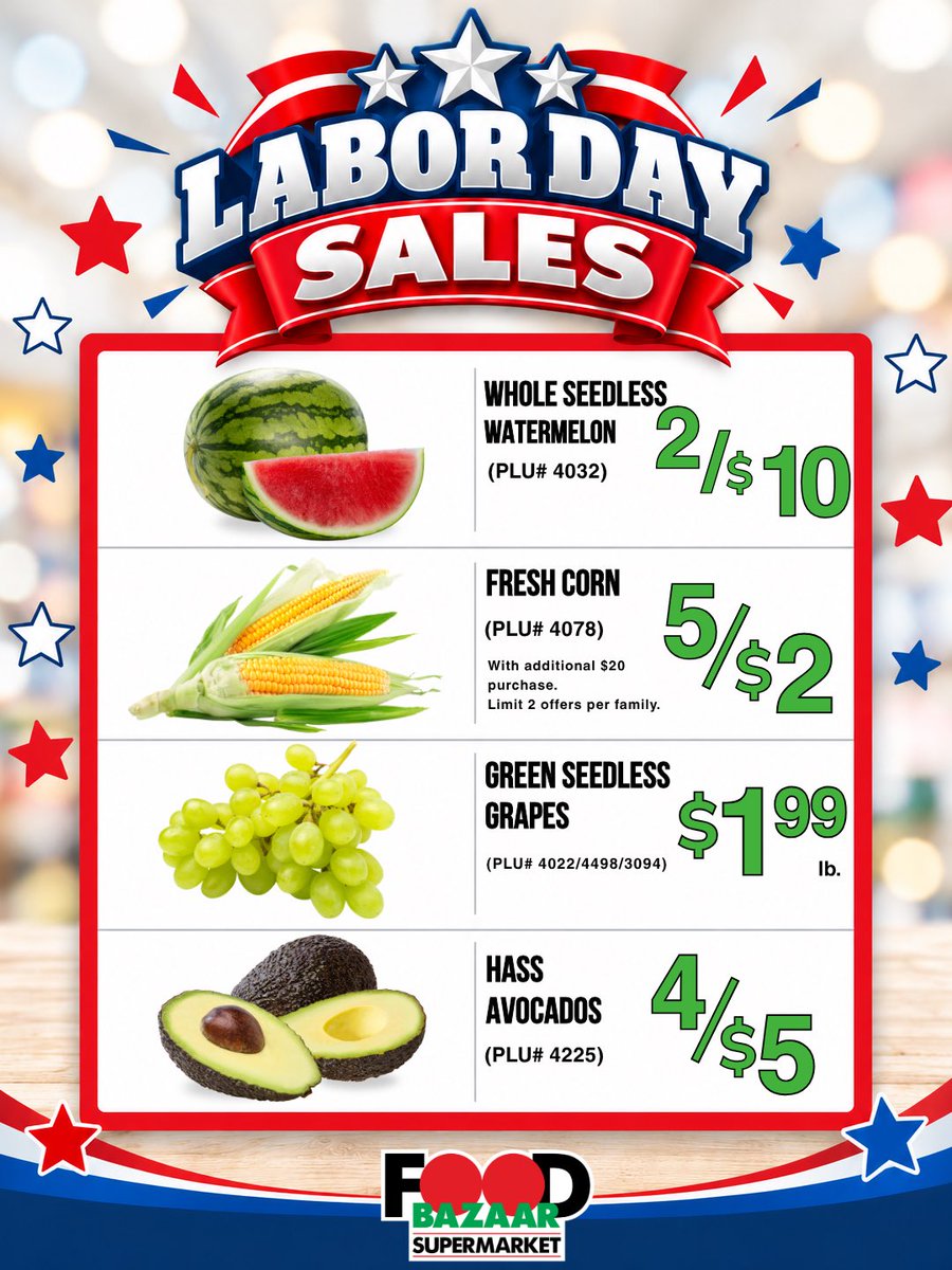 MyFoodBazaar's tweet photo. 🇺🇸💰 Celebrate Labor Day with BIG Savings!
Make the most of the holiday and shop our Labor Day Circular Sales! 🛒✨
🏠 Shop from the comfort of home at https://t.co/vKuxObJppj and save!
Prices may vary by location.
#FoodBazaarSupermarkets #Deals #Savings #LaborDay #BOGOPA https://t.co/OpsYZKJlB2
